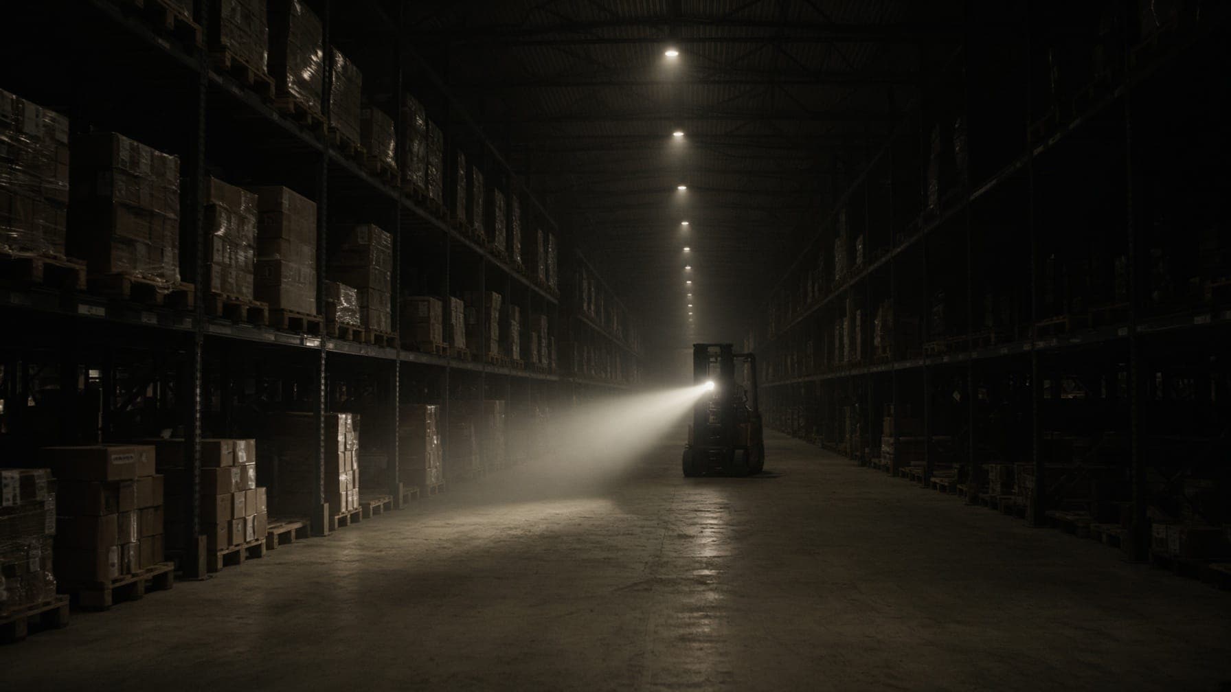 Warehouse aisles at night